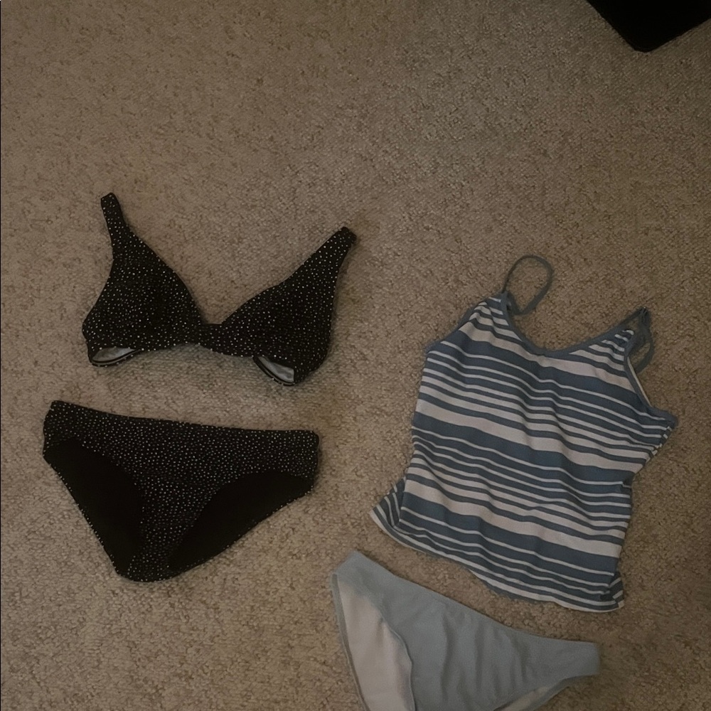 Black Polka Dot Bikini Set and Blue Striped Tankini